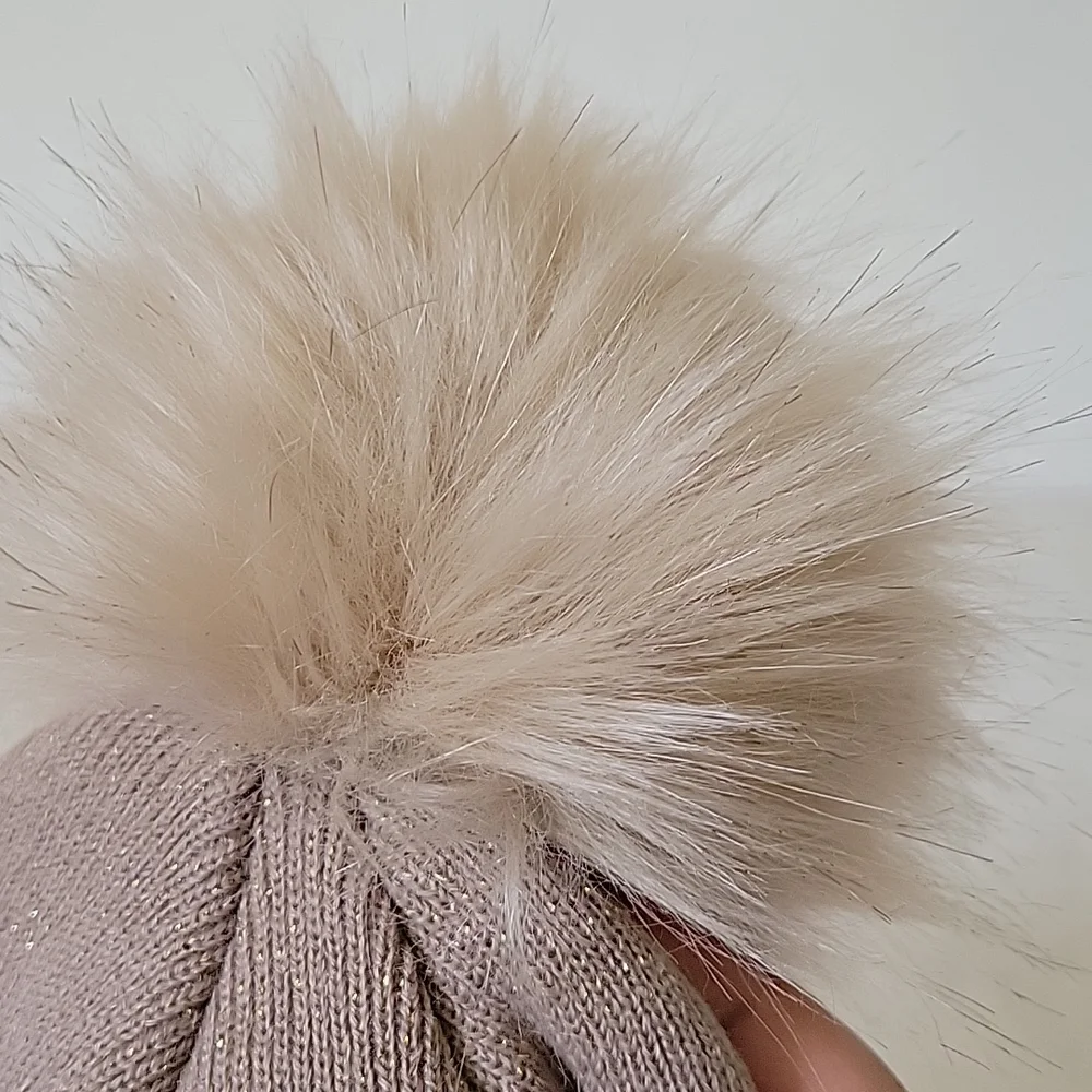 NWT Giddy up glamour taupe knit beanie with gold shimmery sparkle and pom